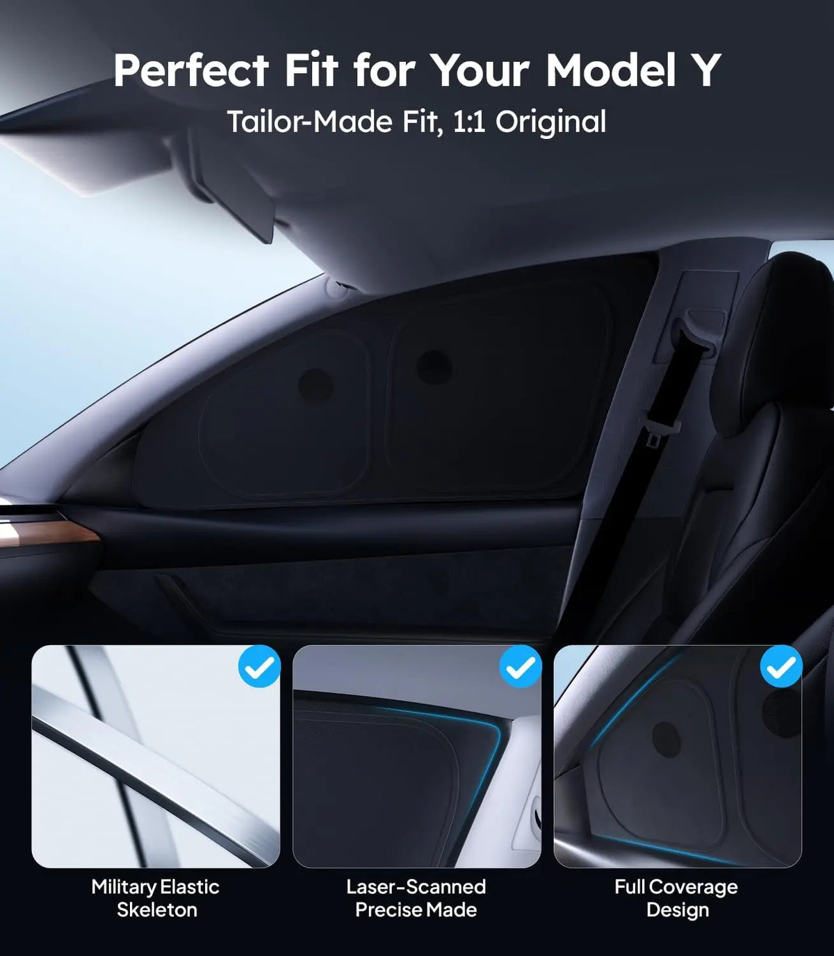 Car interior with text 'Perfect Fit for Your Model Y' and features of the product.