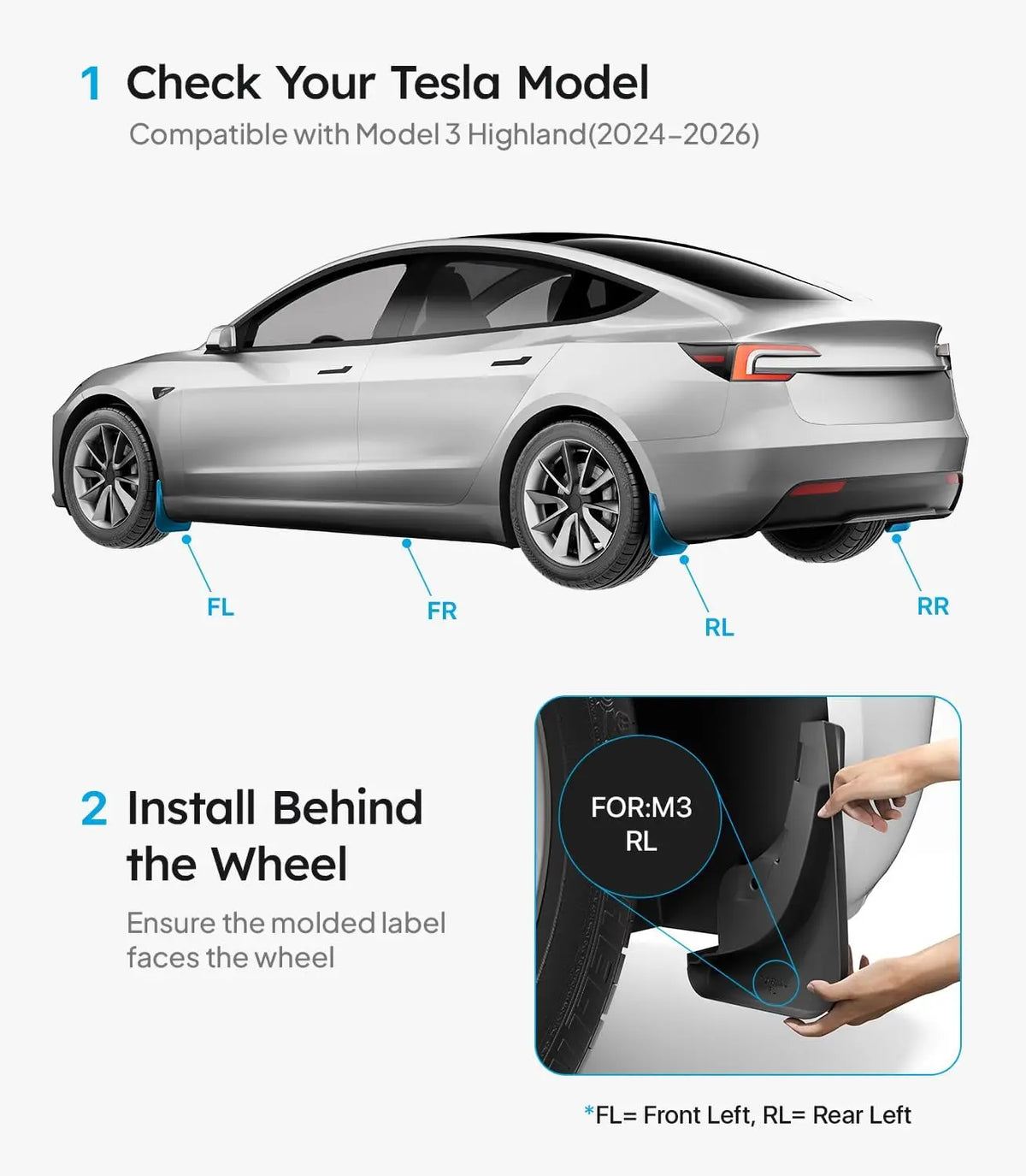 Tesla Model 3 Highland with installation instructions for a product labeled 'FORM3 RL'.