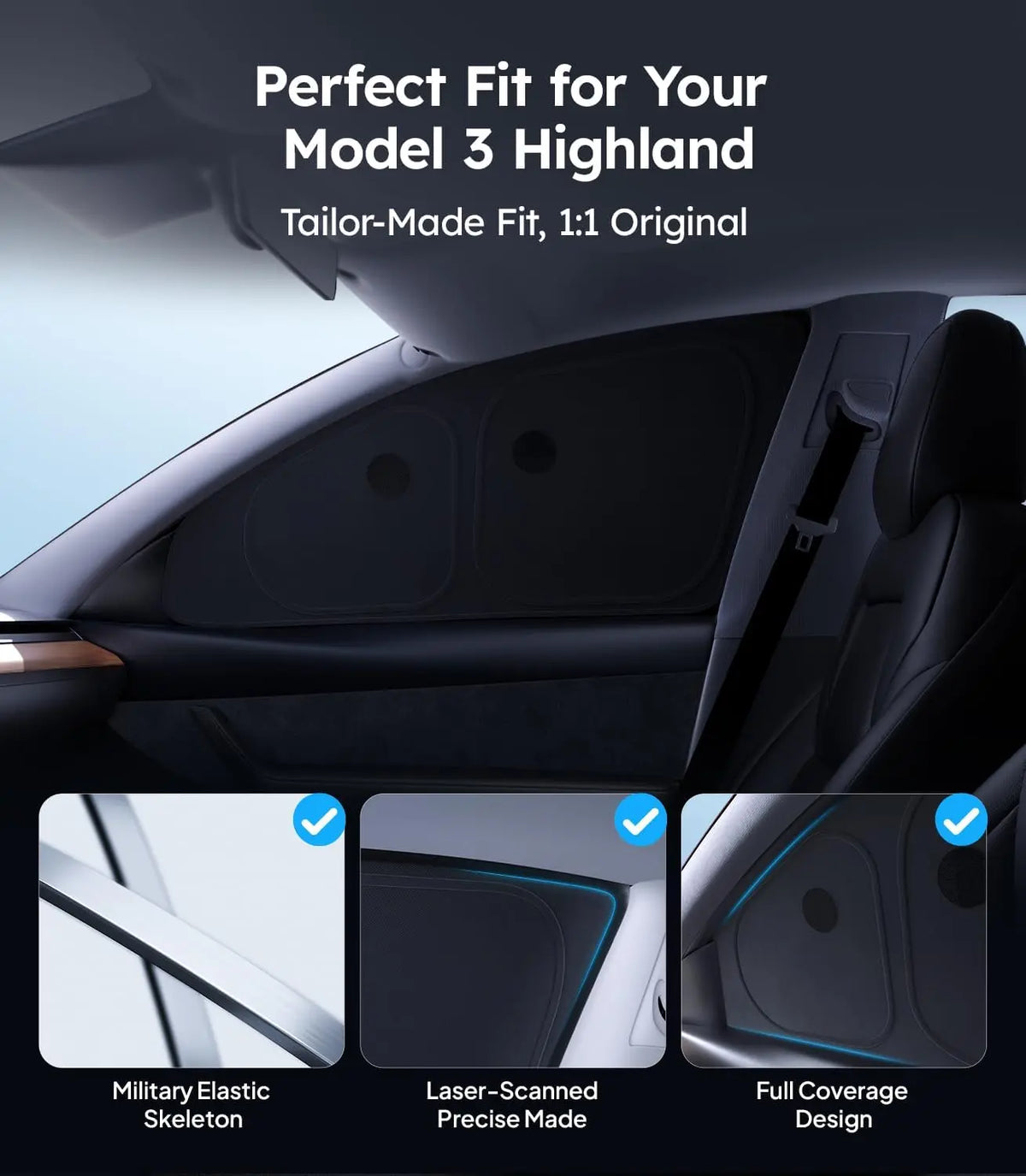 Car interior with text indicating a perfect fit for Model 3 Highland, featuring details on material and design.