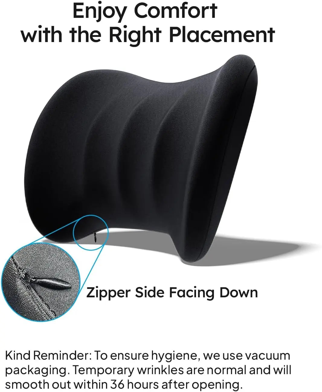 Black pillow with text on correct placement and hygiene instructions.
