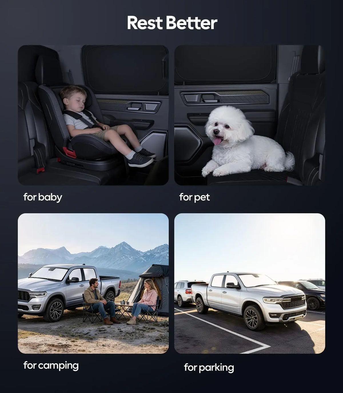 Collage of a child in a car seat, a dog in a pet seat, people camping with a truck, and a truck parked with mountains in the background.