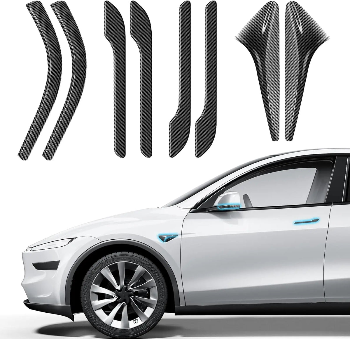 Carbon fiber window trim strips displayed with a white car on a white background