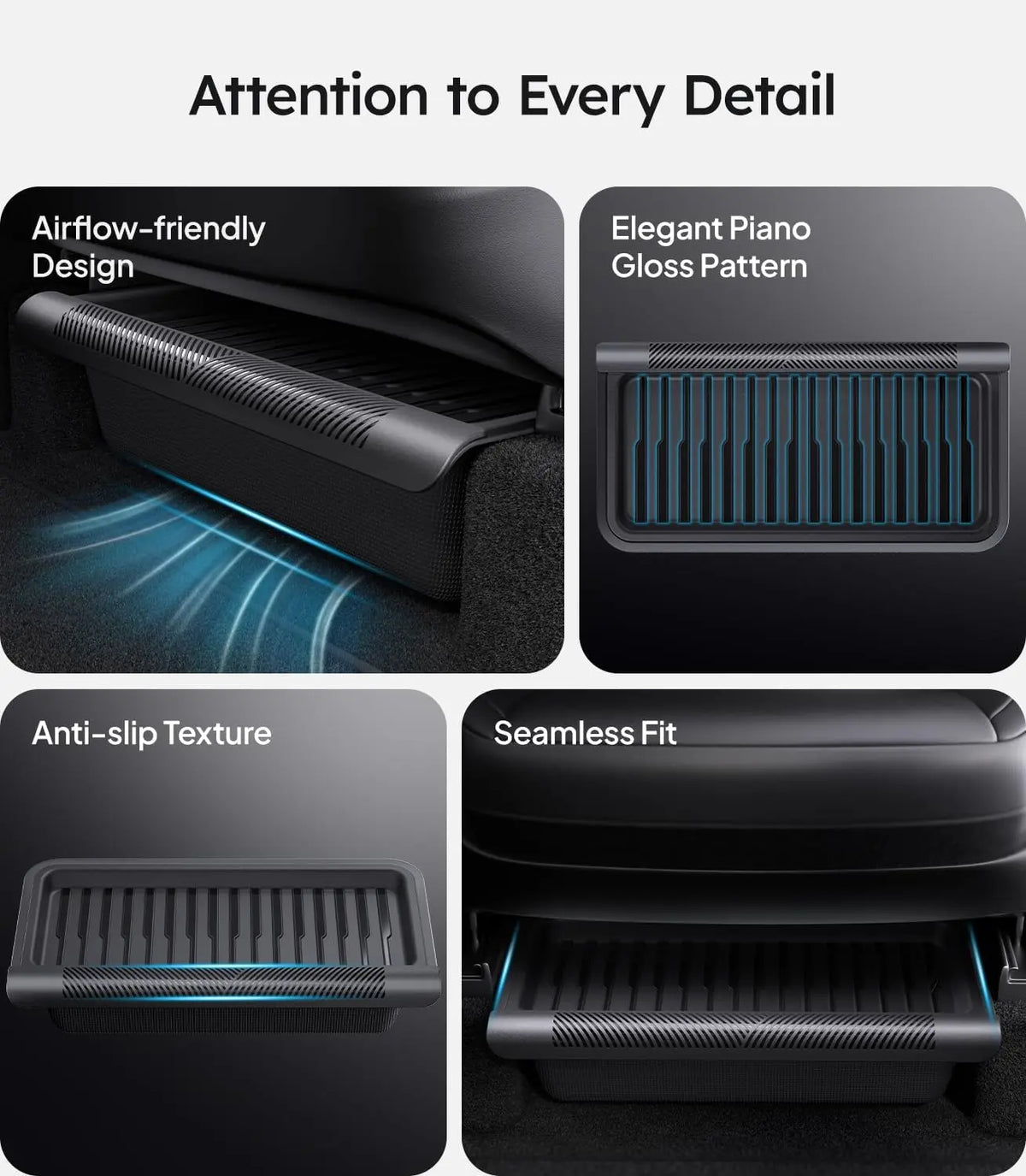 Product features including airflow-friendly design, elegant piano gloss pattern, anti-slip texture, and seamless fit on a dark background.