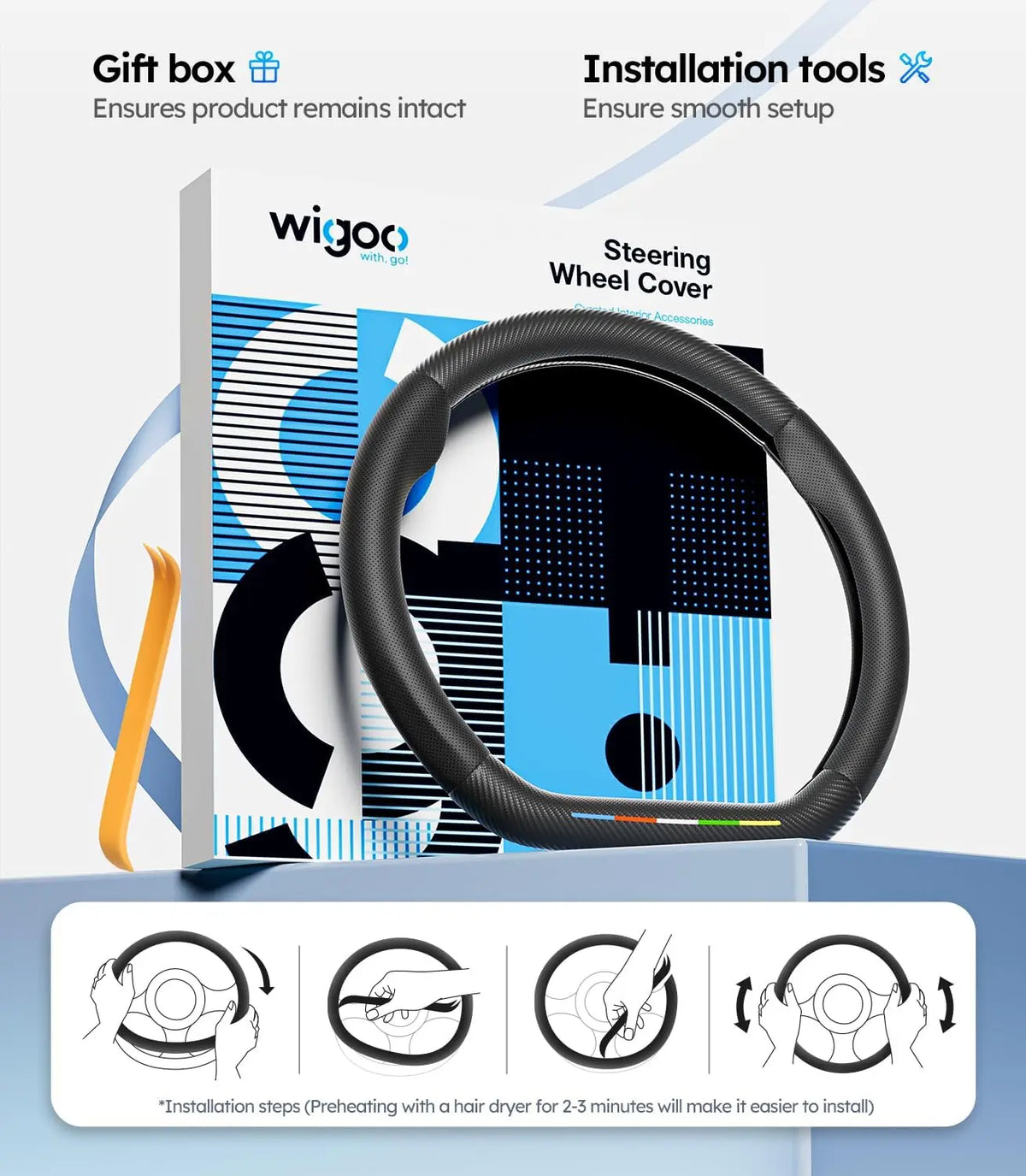 Wigoo steering wheel cover with installation tools and steps on a white background