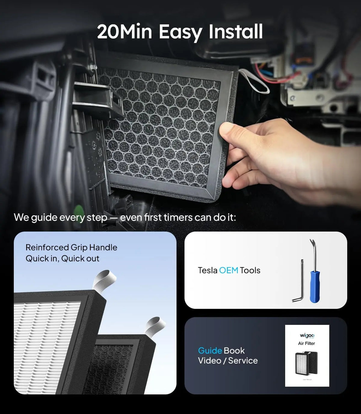 Car air filter installation process with hand holding filter and text indicating easy installation.
