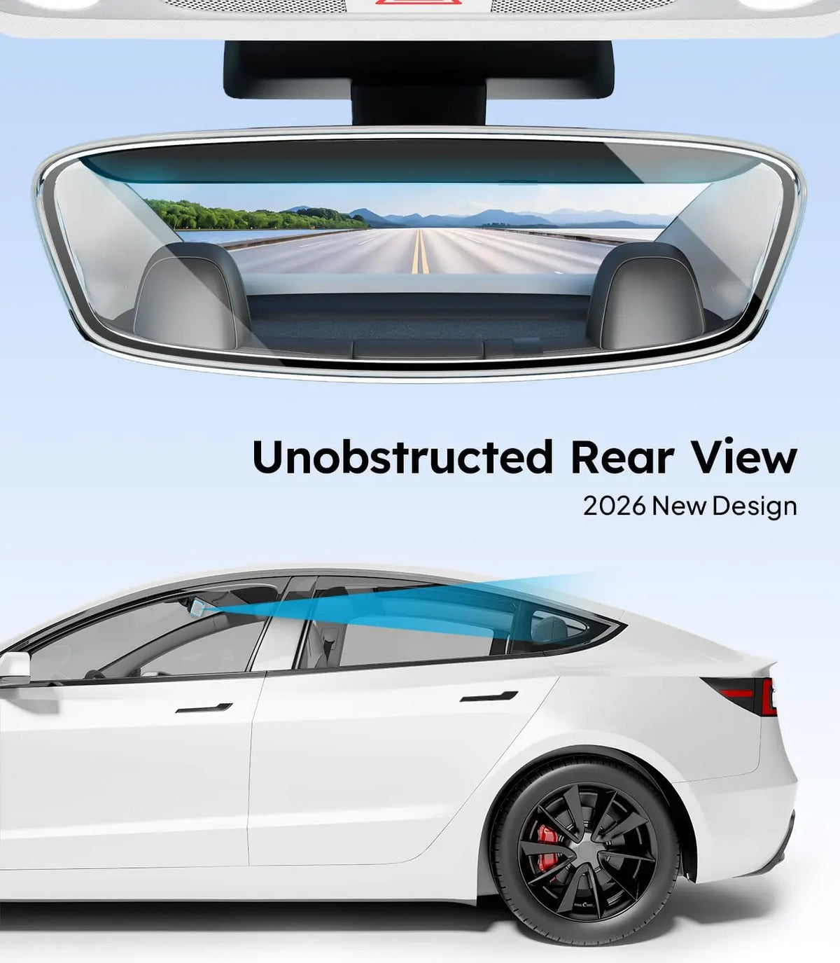 Car rearview mirror with digital display and car side view on a light blue background