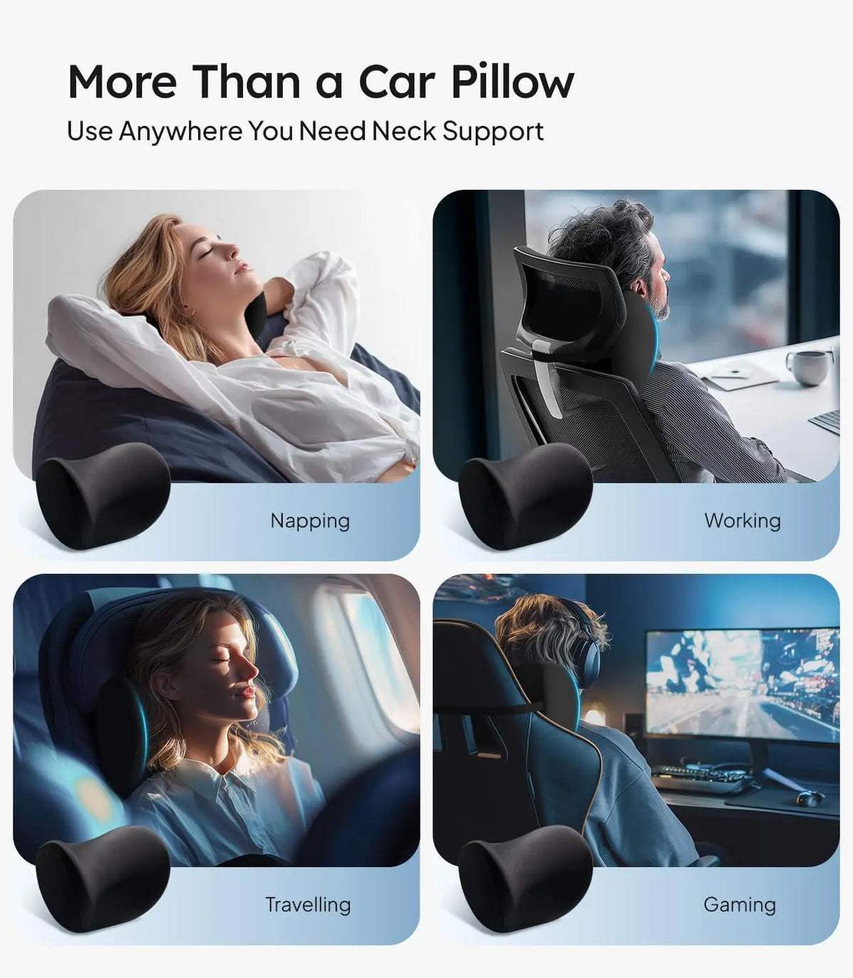 Neck support pillow used in various scenarios like napping, working, travelling, and gaming.