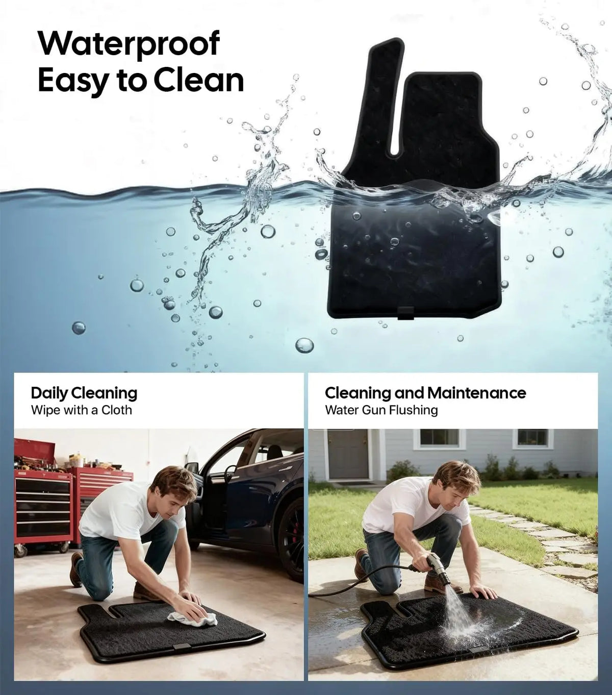 Car floor mat with water splashes and cleaning instructions on a blue background