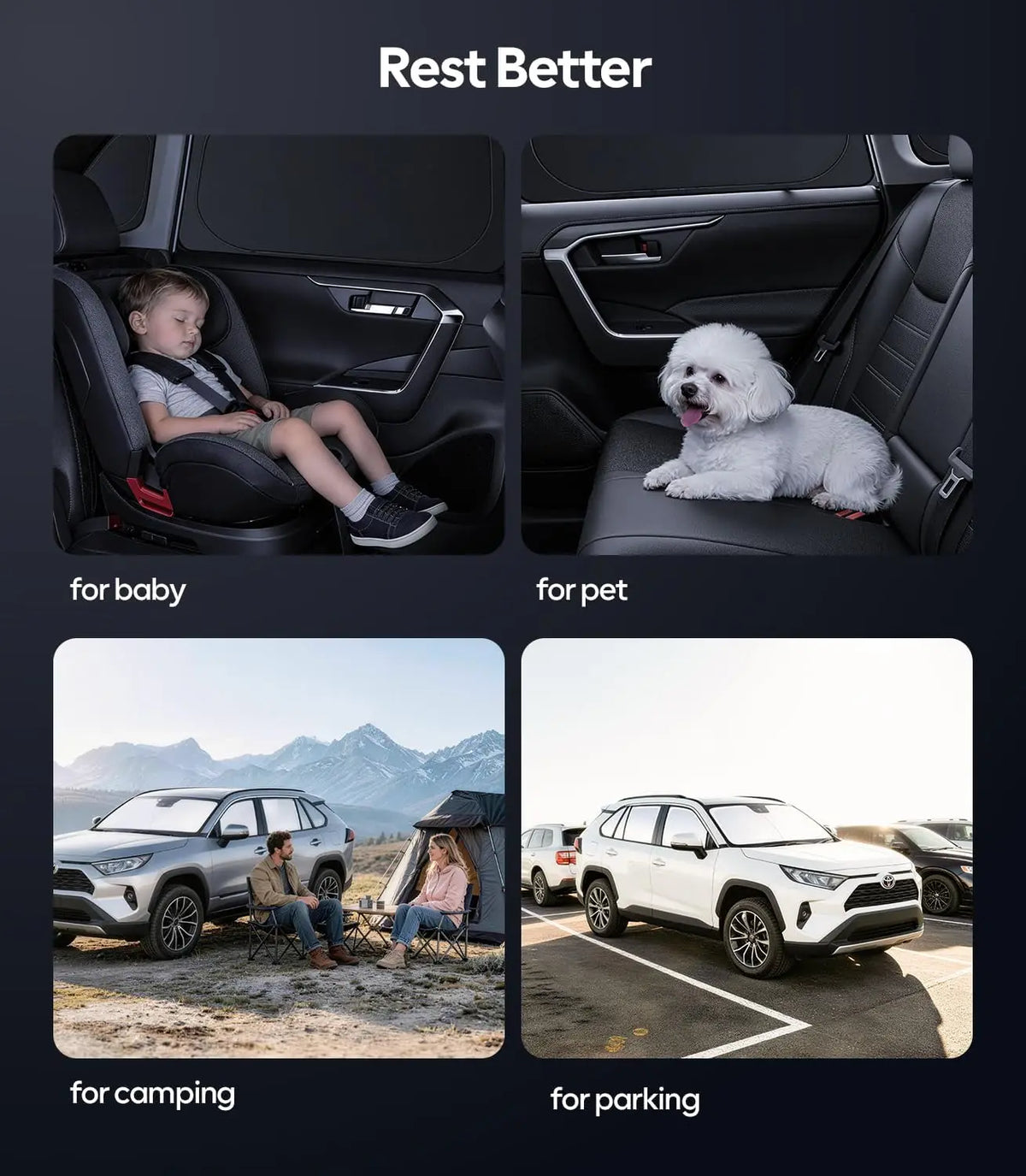 Collage of images showing a child in a car seat, a dog on a car seat, people camping with a car, and a car parked.