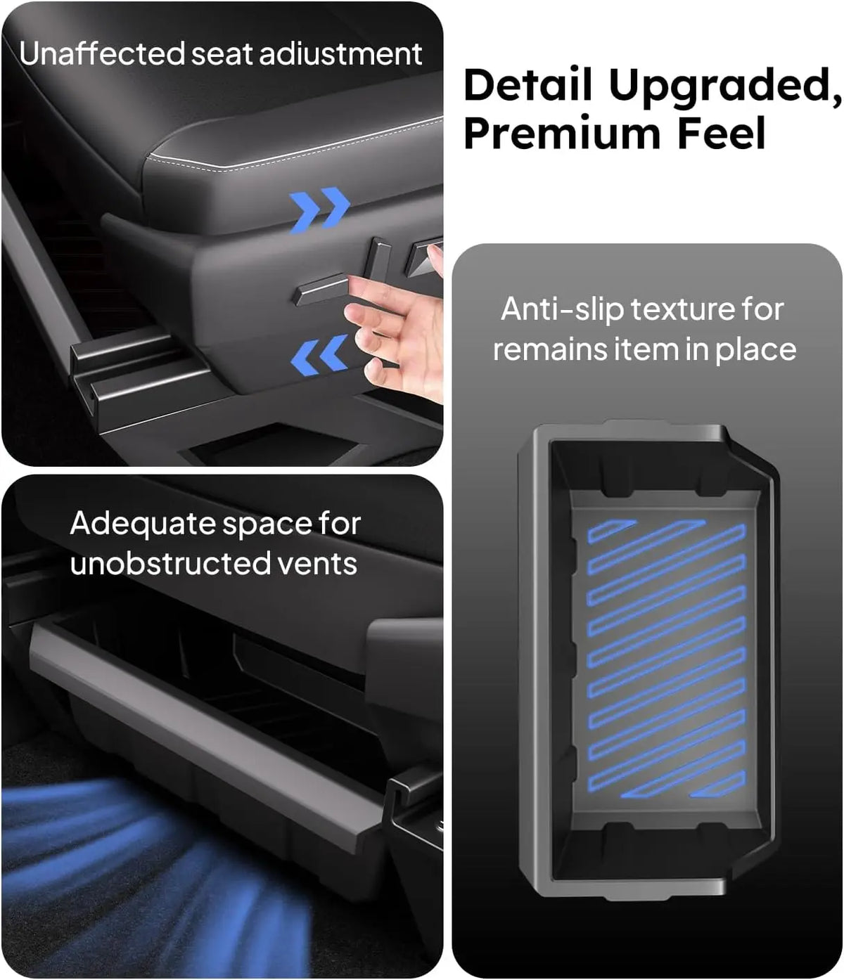 Product features with text on seat adjustment, texture, and space for vents.