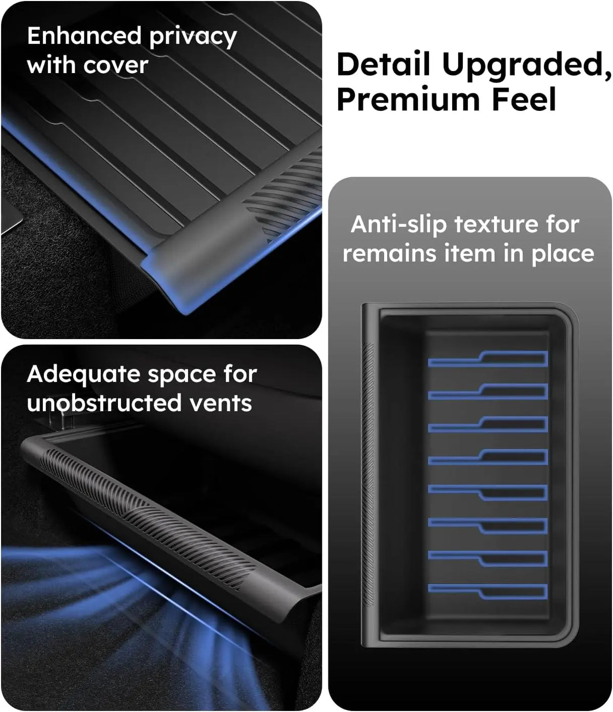 Product features with text on enhanced privacy, anti-slip texture, and adequate space for vents.