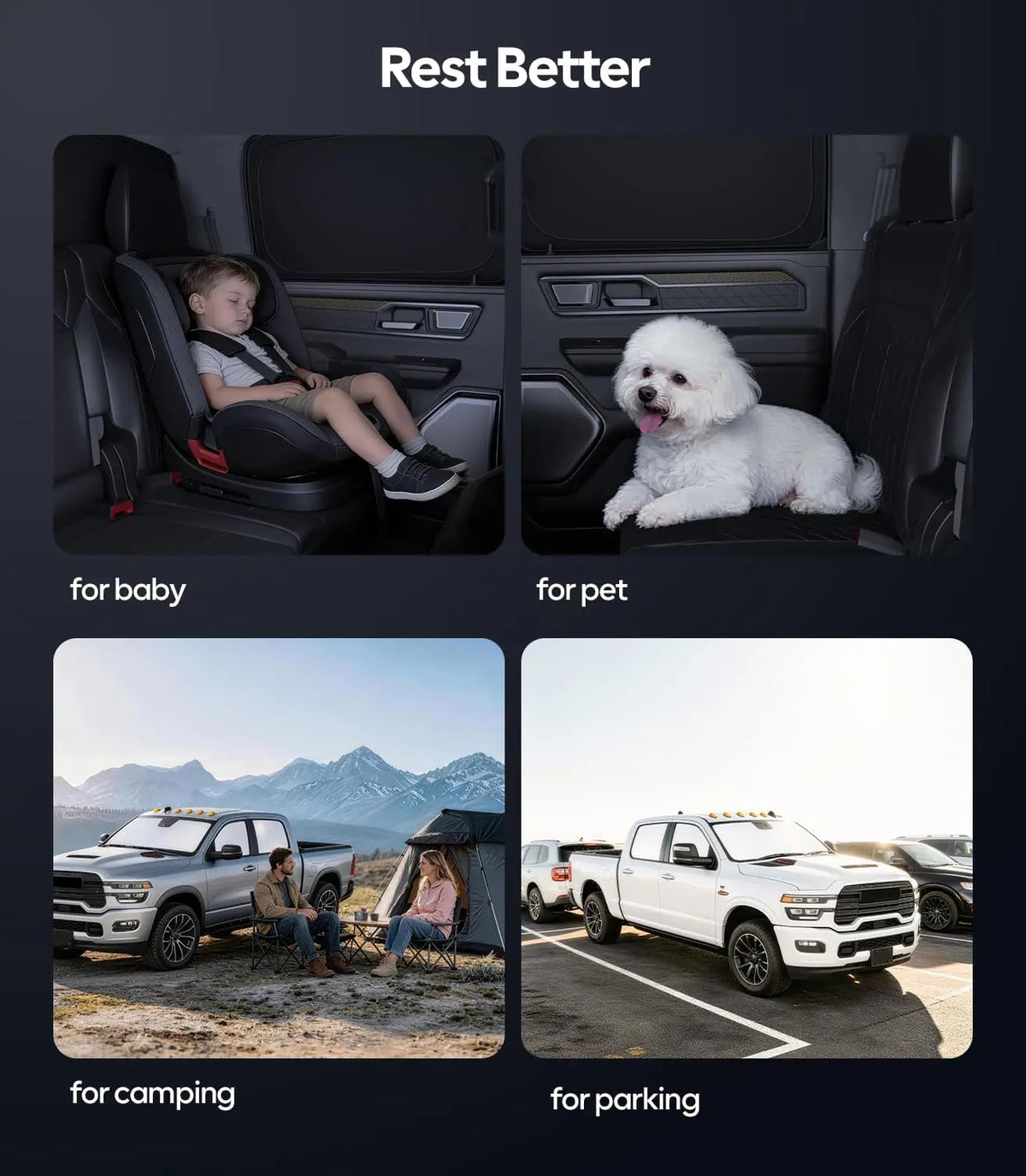 Collage of a child in a car seat, a dog in a car seat, camping scene with trucks and tents, and a truck in a parking lot.