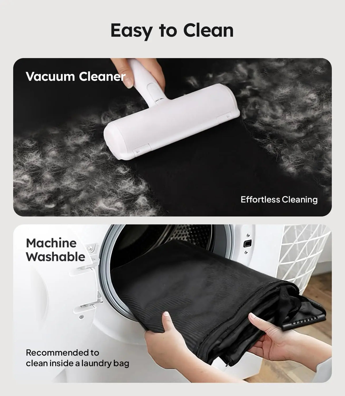 Vacuum cleaner cleaning a surface with text 'Easy to Clean' and 'Machine Washable' with laundry bag.