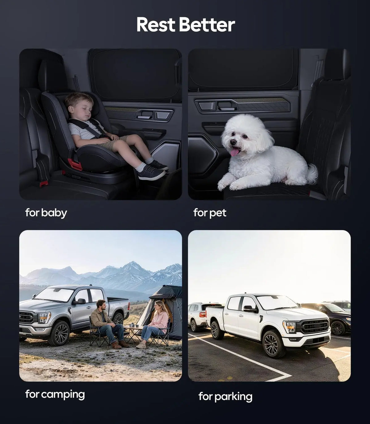 Product display with car seat for baby, pet, camping scene, and parking scene on a dark background.