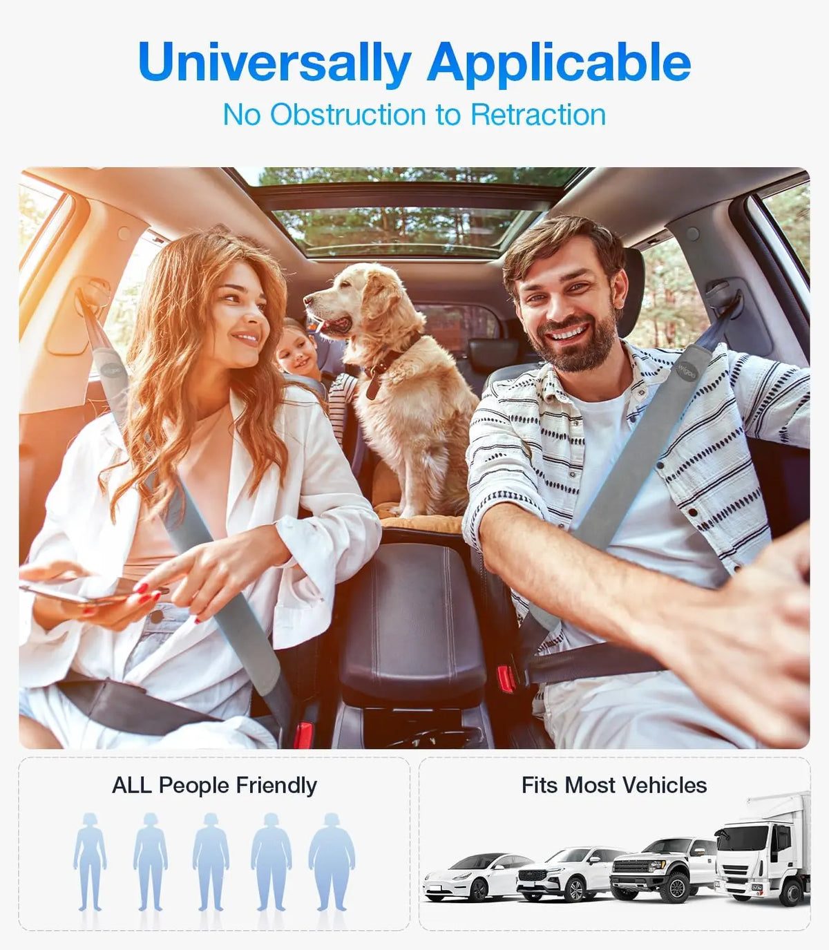 Family in a car with a dog, promoting a product or service related to vehicle safety or comfort.