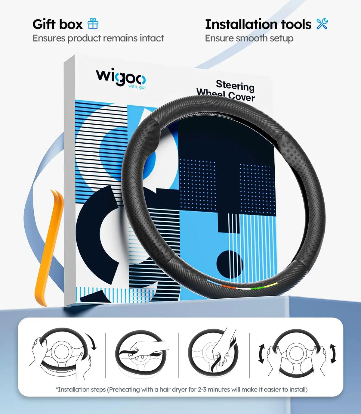 Steering wheel cover with installation tools and wigoo branding on a blue background