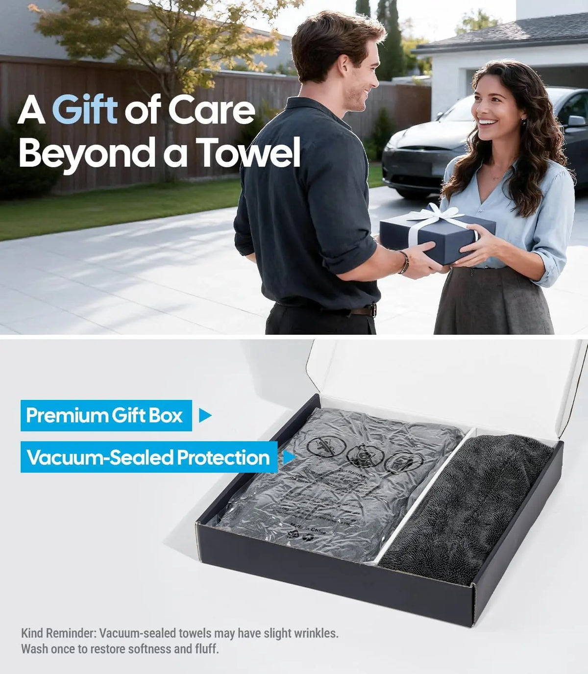 Man handing a gift box to a woman with text about a gift of care beyond a towel.