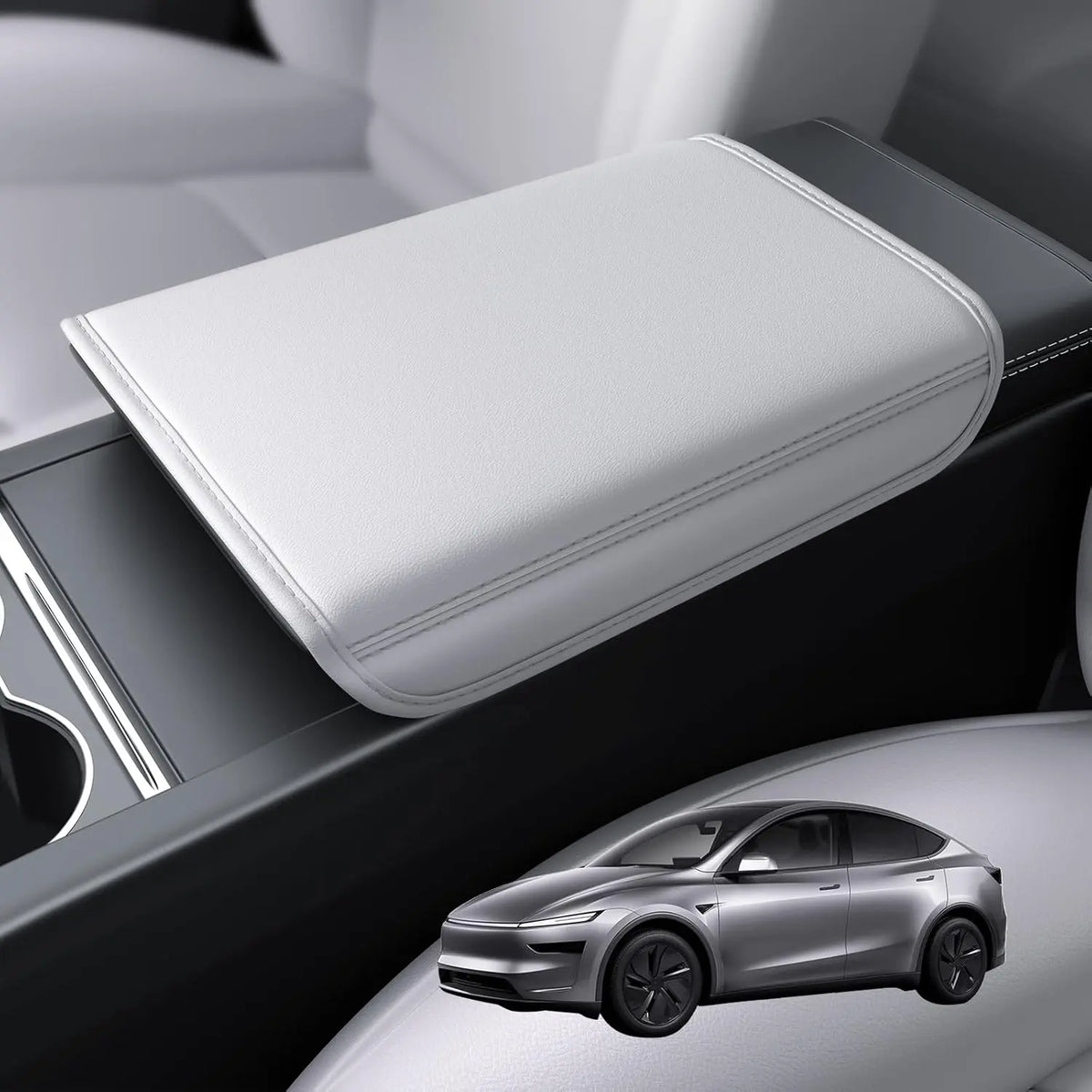 Car armrest cover on a car seat with a small car model at the bottom