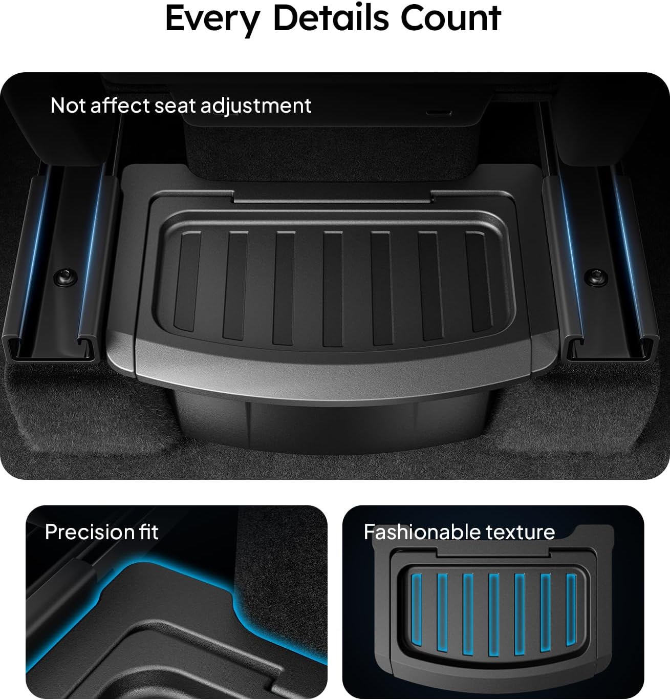 Car trunk mat with text highlighting features on a white background