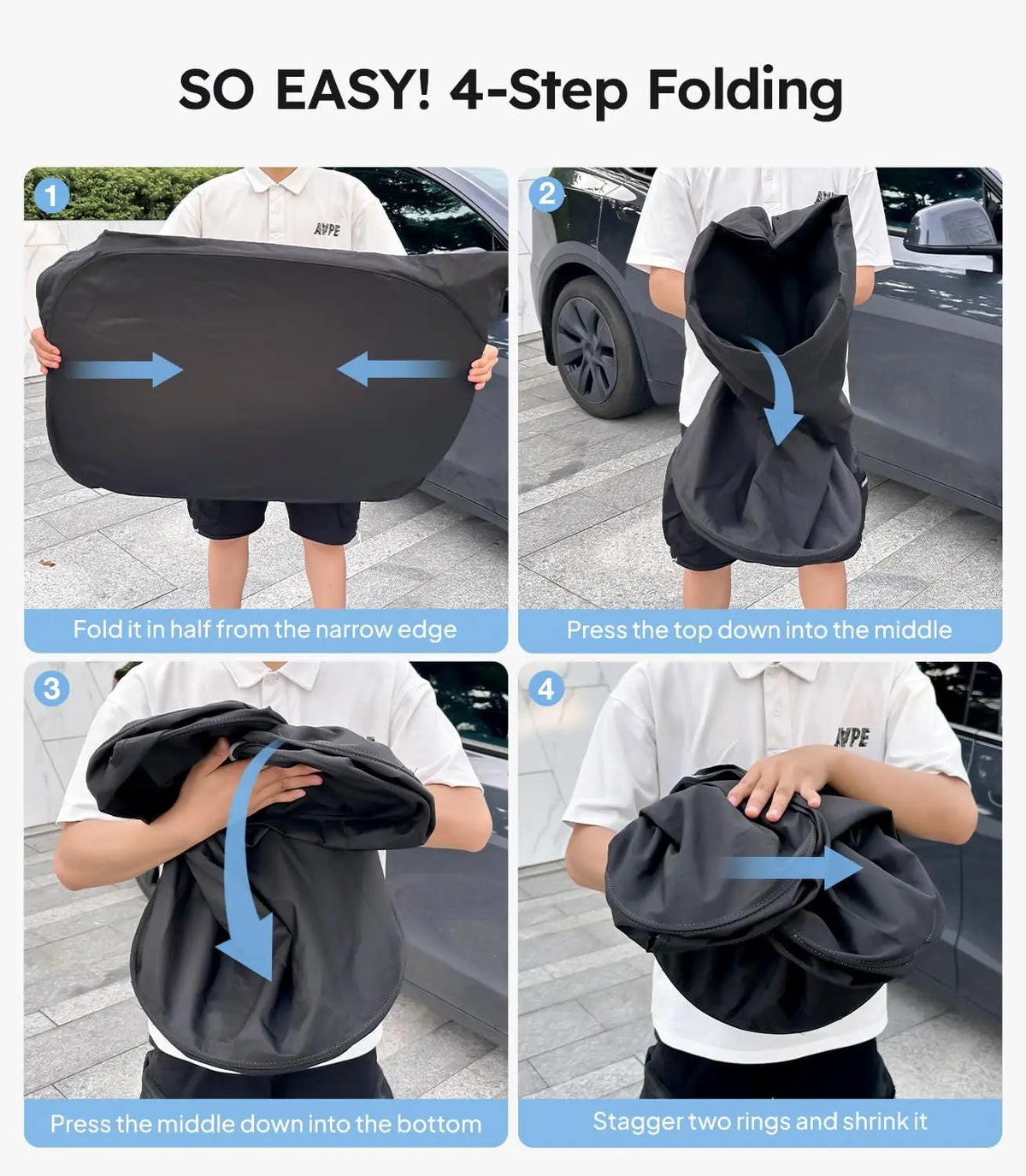 Step-by-step guide on how to fold a car seat cover with arrows indicating the folding process.