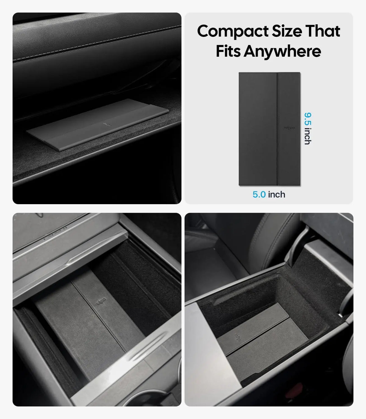 Compact size product shown in various settings with text indicating it fits anywhere.