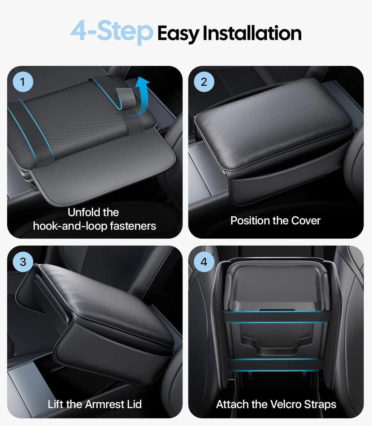 Step-by-step guide for installing a car seat cover with text and images.