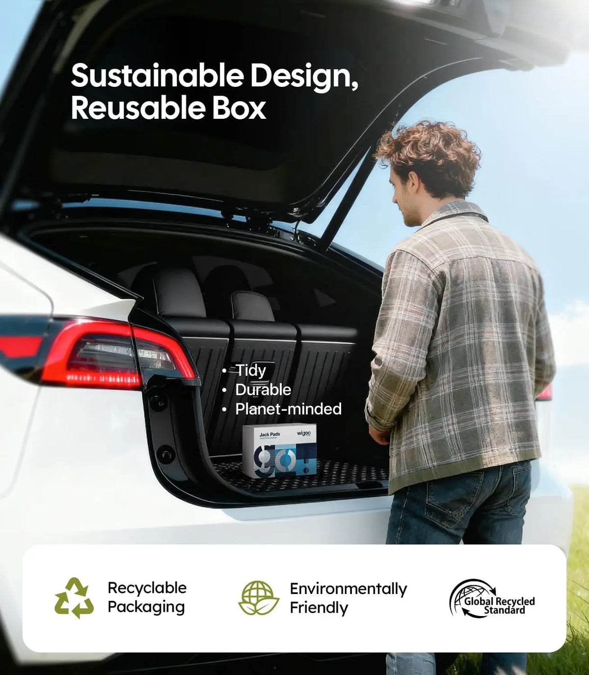 Man opening a car trunk with a reusable box labeled 'Sustainable Design, Reusable Box'.