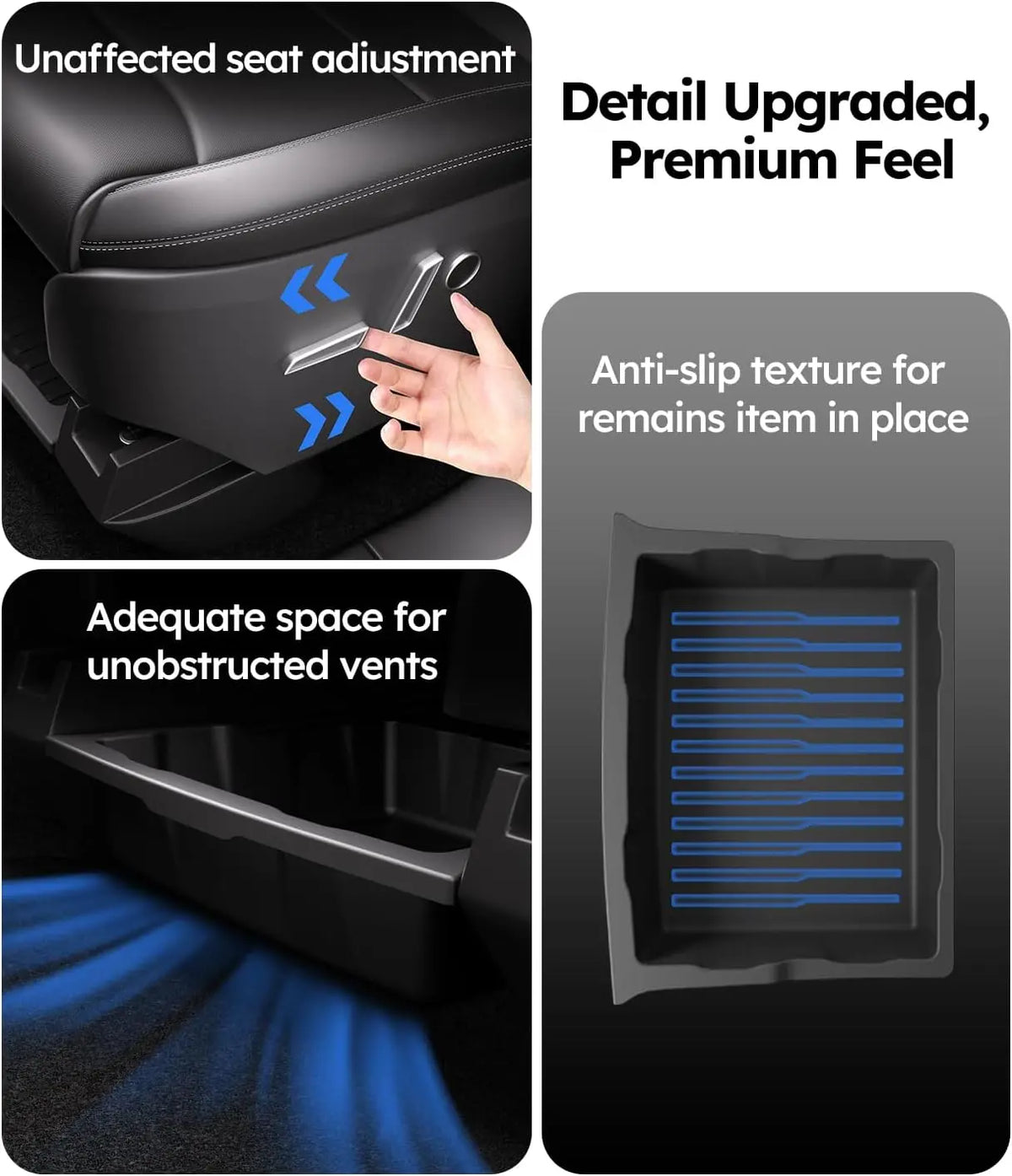 Car console organizer with text highlighting features like seat adjustment, anti-slip texture, and adequate space for vents.