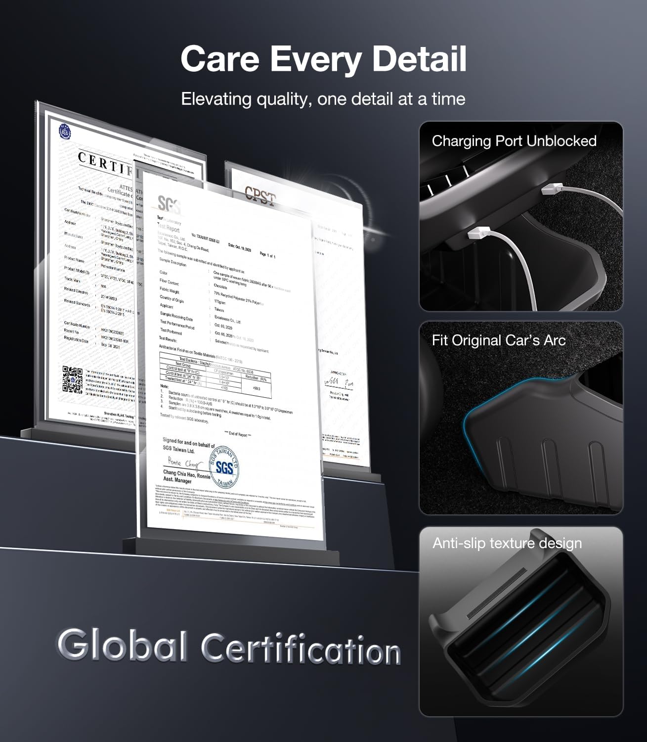 Product display with certification documents and features on a dark background