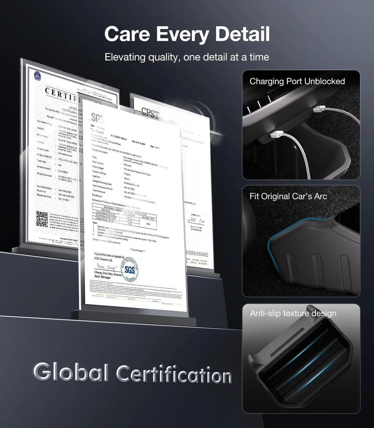 Product display with certification documents and features on a dark background
