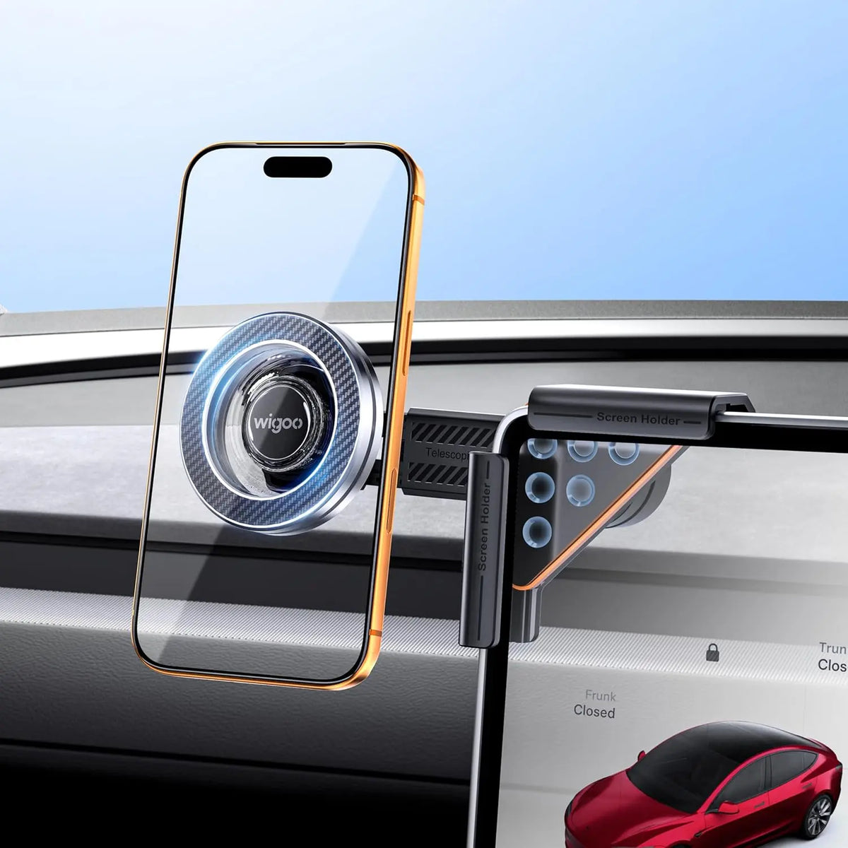 Phone holder with Wigo brand logo on a car dashboard