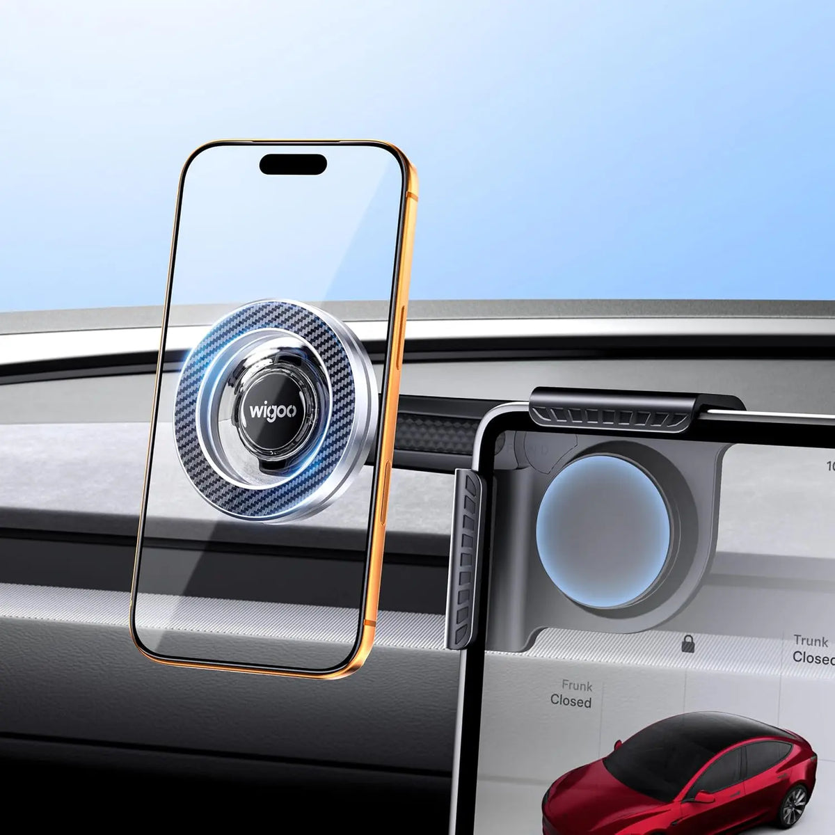 Wigoo Magnetic Phone Mount for Tesla Model 3 Model Y Accessories【Strongest Magnet & No Blocking View】 Screen Side Magnetic Phone Holder for Magsafe iPhone 17-12 & Android - Extendable Arm (No Glue) WIGOO