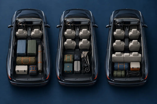 Tesla Model Y L cargo configurations for two, four, and six passengers