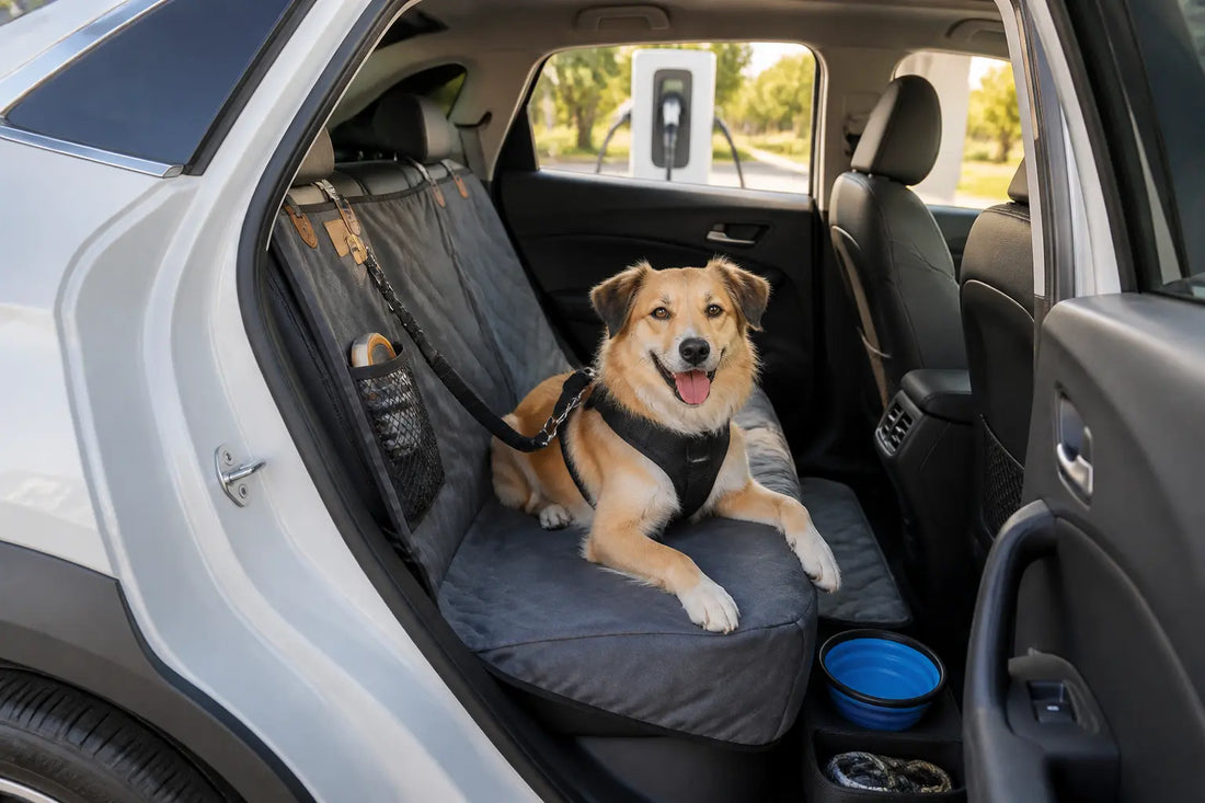 Dog secured on a protective rear seat cover during electric vehicle travel