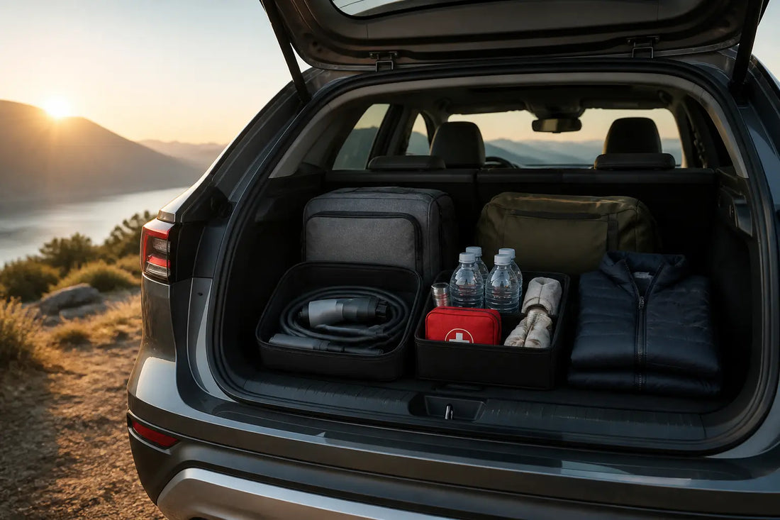 Organized electric vehicle road trip supplies in an open cargo area