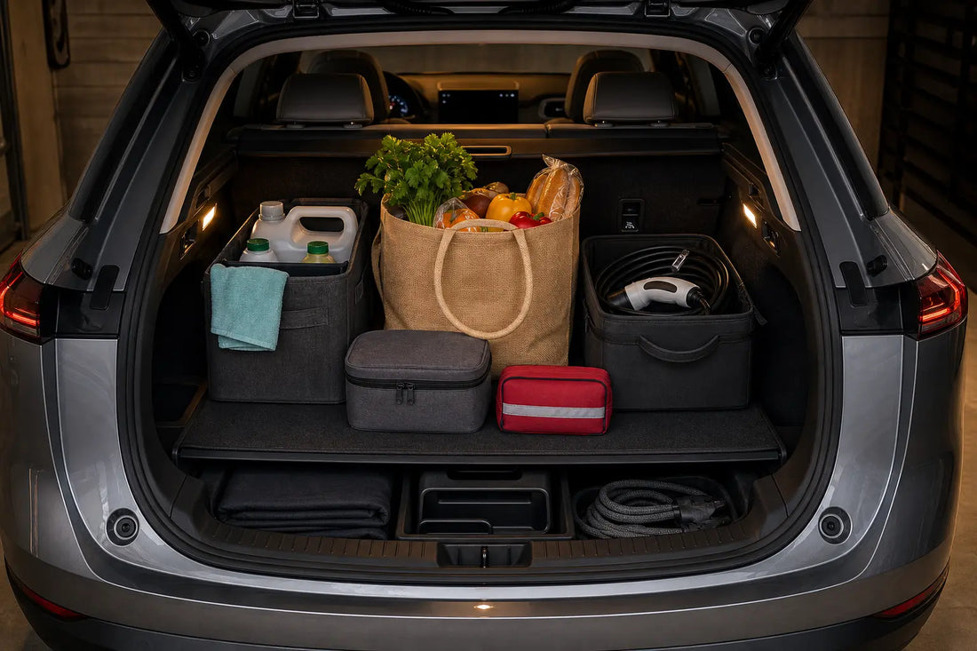Organized cargo bins and charging accessories in an electric crossover