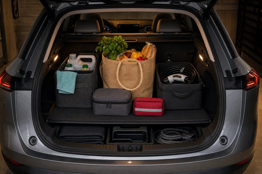 Organized cargo bins and charging accessories in an electric crossover