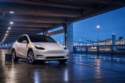 White electric crossover in a blue-hour airport parking garage with a rolling suitcase