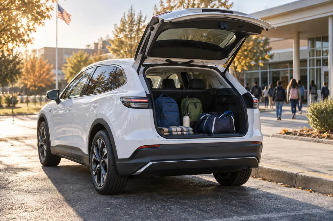 Tesla Model Y prepared for back-to-school pickup with backpacks and sports gear