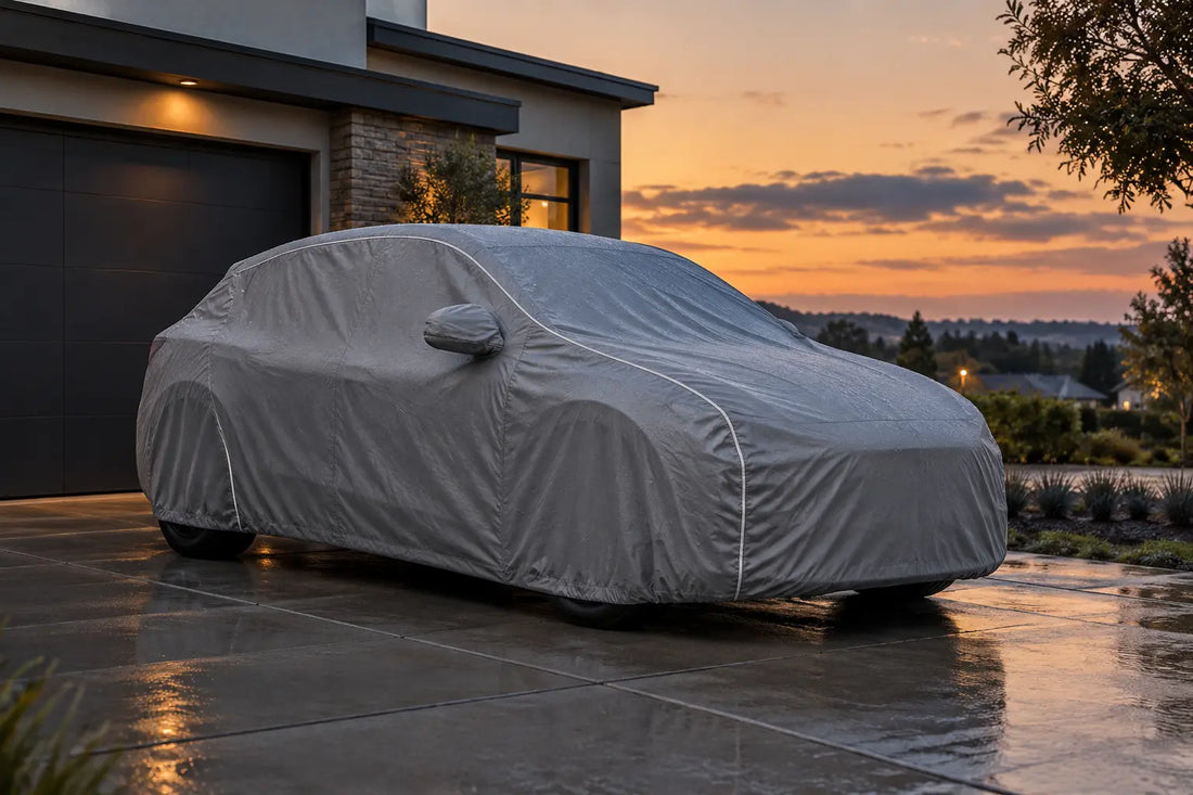 Tesla Model Y protected by a fitted outdoor car cover at dusk