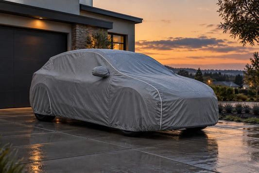 Tesla Model Y protected by a fitted outdoor car cover at dusk