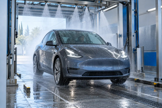 Tesla Model Y prepared for a touchless car wash in Car Wash Mode