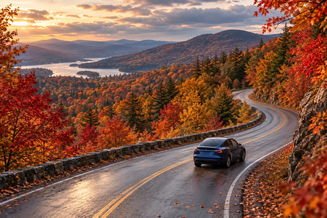 Electric crossover driving on a scenic fall foliage mountain road