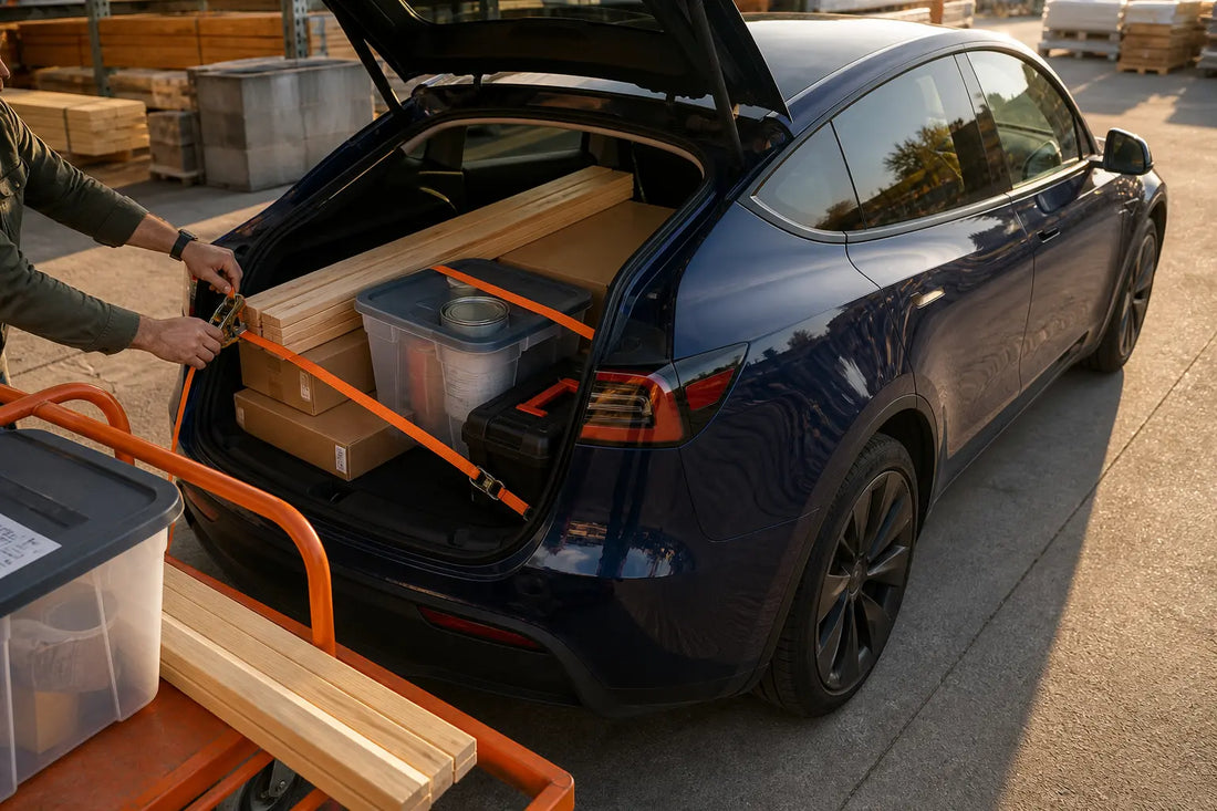 Deep blue electric crossover with lumber, boxes, paint, and tools secured for a hardware-store haul