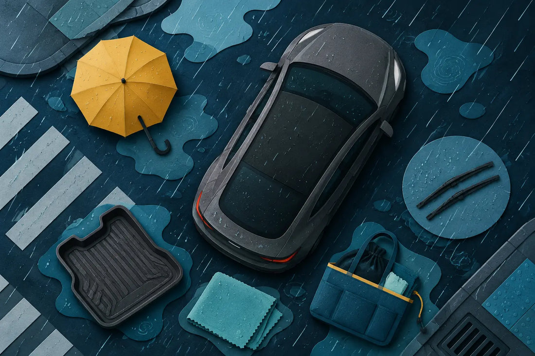 Paper-cut illustration of an electric crossover with rainy-day driving and cleanup gear
