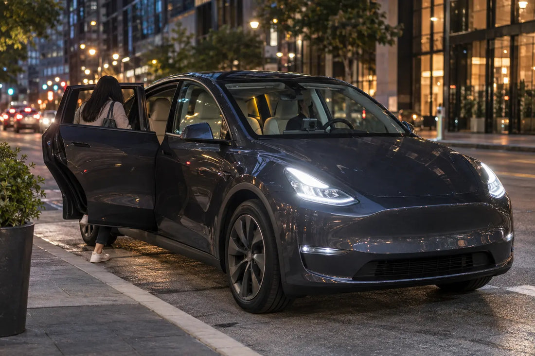 Tesla Model Y configured for a safe rideshare pickup in a city