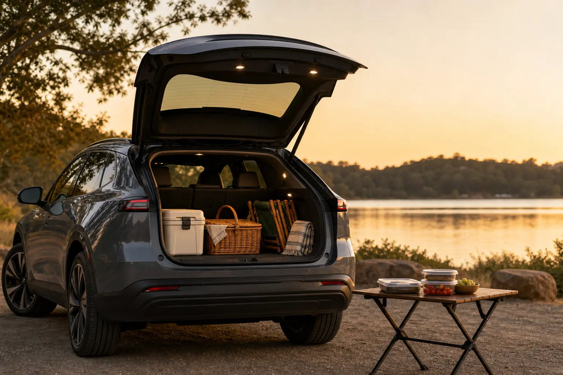Electric crossover tailgate picnic setup with an organized cooler, basket, chairs, and lakeside view