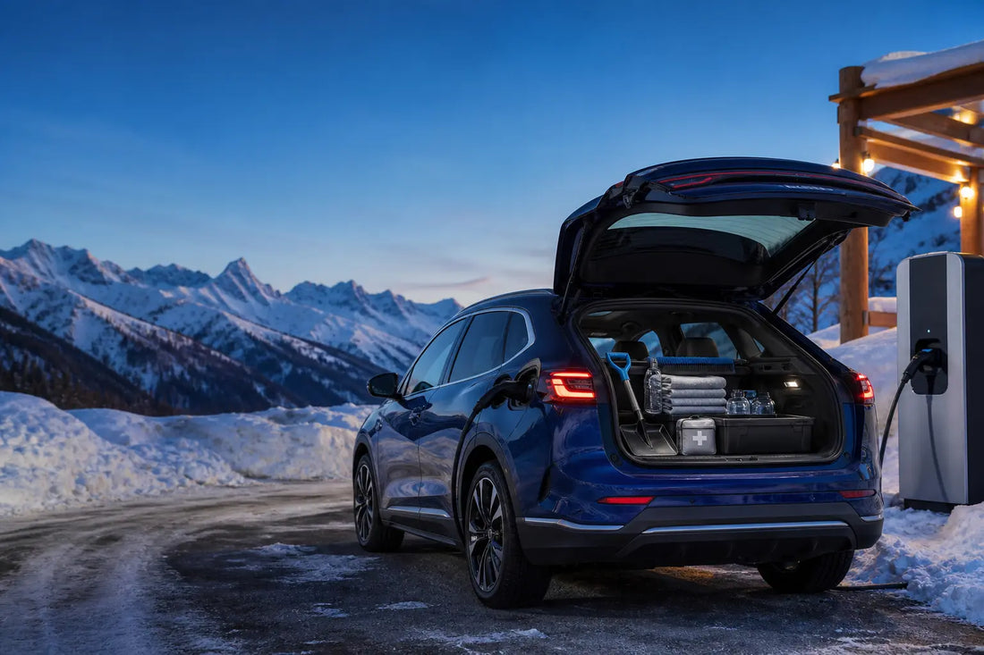 Electric crossover at a snowy charging stop with organized winter emergency gear