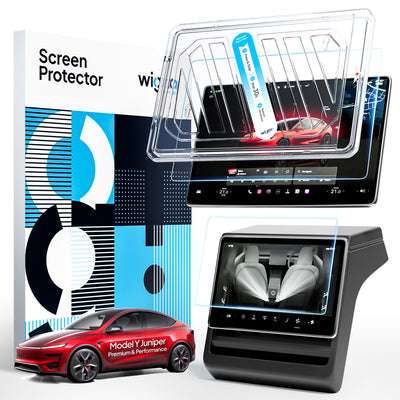 Car infotainment screen with screen protector and car model illustration on a white background
