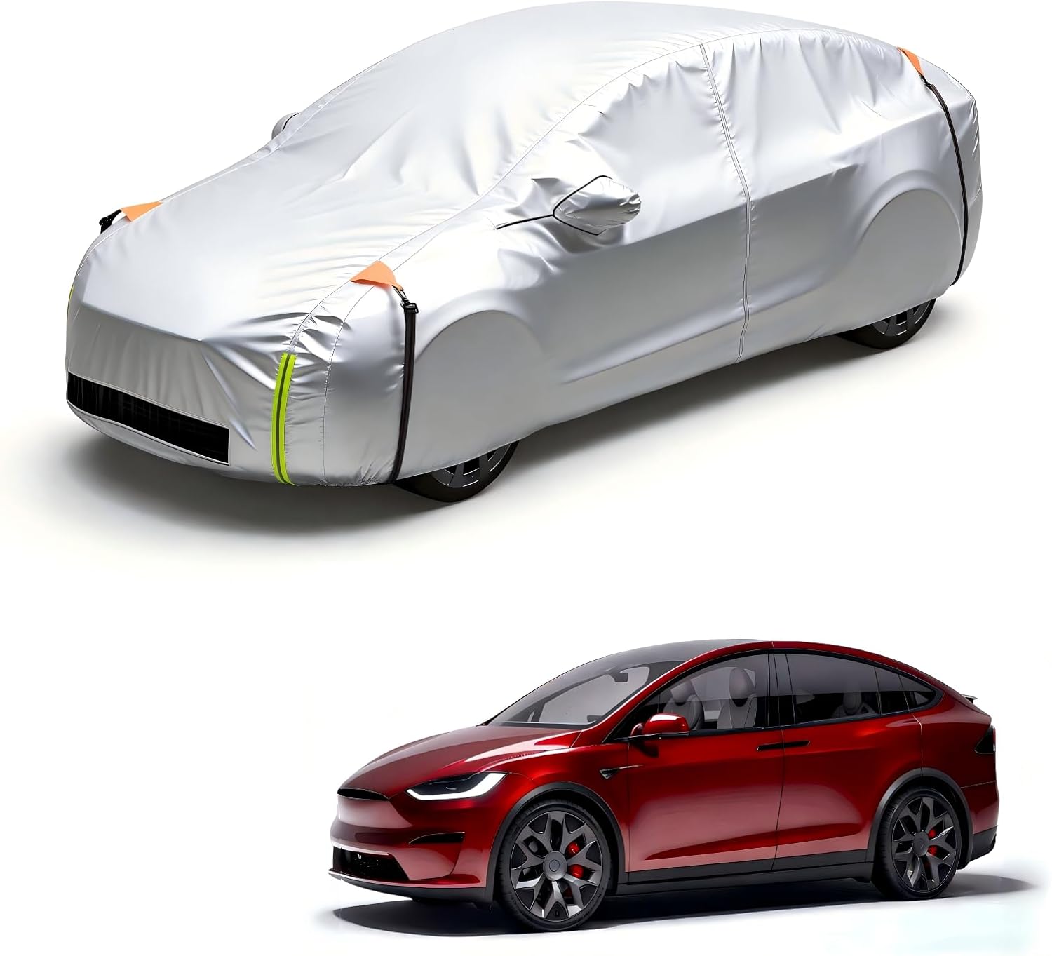 Car cover over a model of a red electric car on a white background